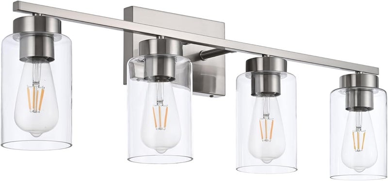 A1A9 4 Light Bathroom Vanity Light Fixtures, Brush Nickel Modern Wall Lights with Clear Glass Shade, Vintage Wall Sconce Lighting for Living Room, Mirror, Bedroom, Hallway (Nickel, 4-Lights) - Image 4